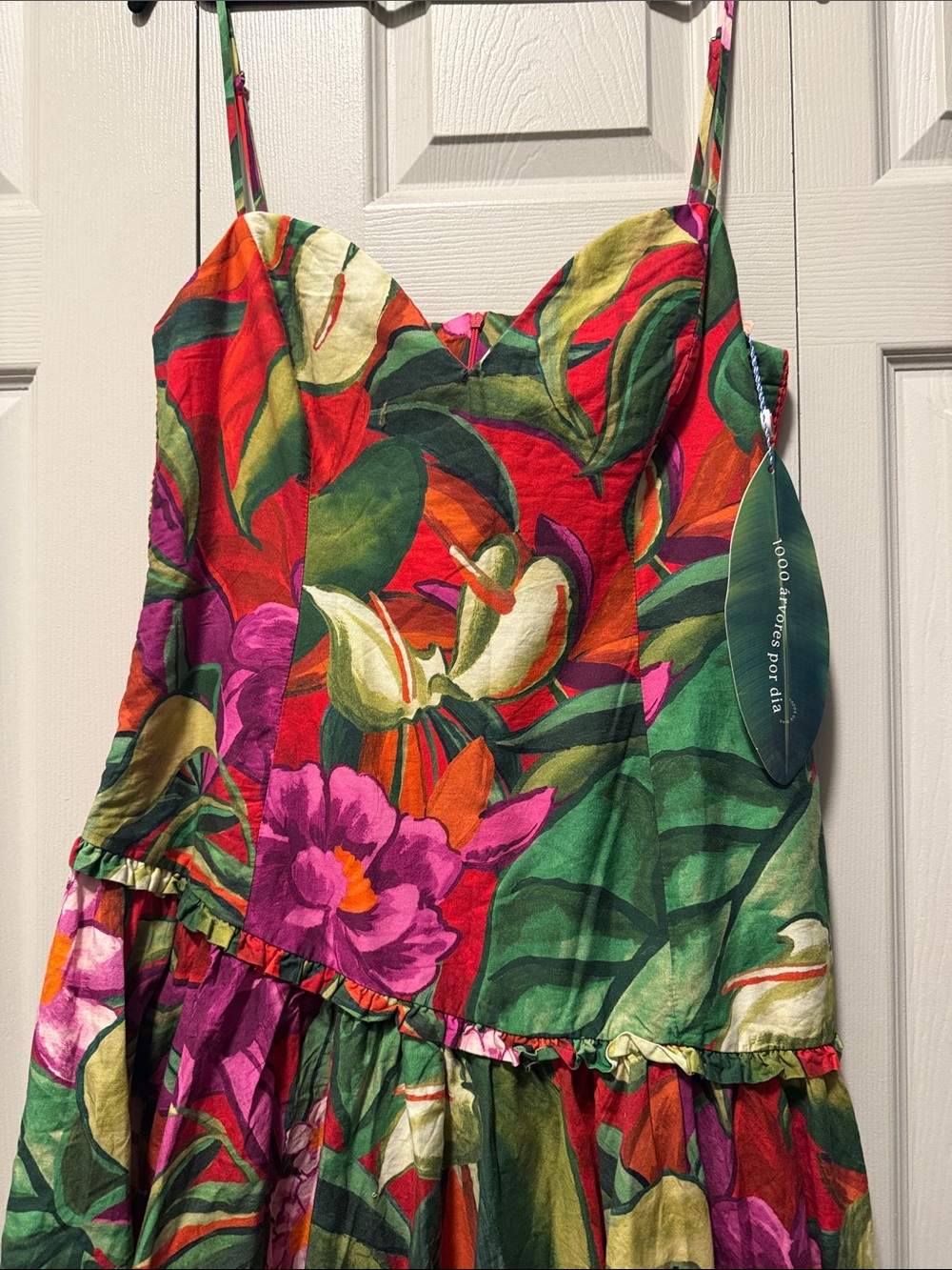 Farm Rio Tropical Floral Spaghetti-Strap Midi Dress in Red & Green - Picture 4 of 8